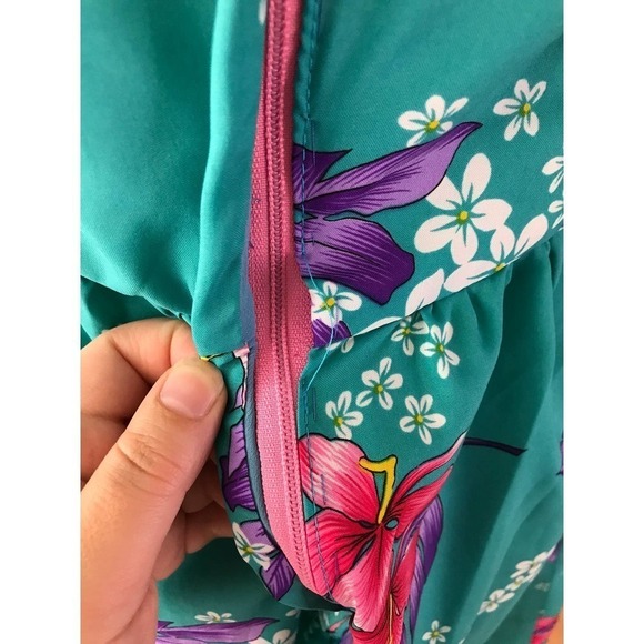 70s Hawaiian Floral Jumpsuit Mod Blue Maxi Romper Tropical Teal - Picture 9 of 10